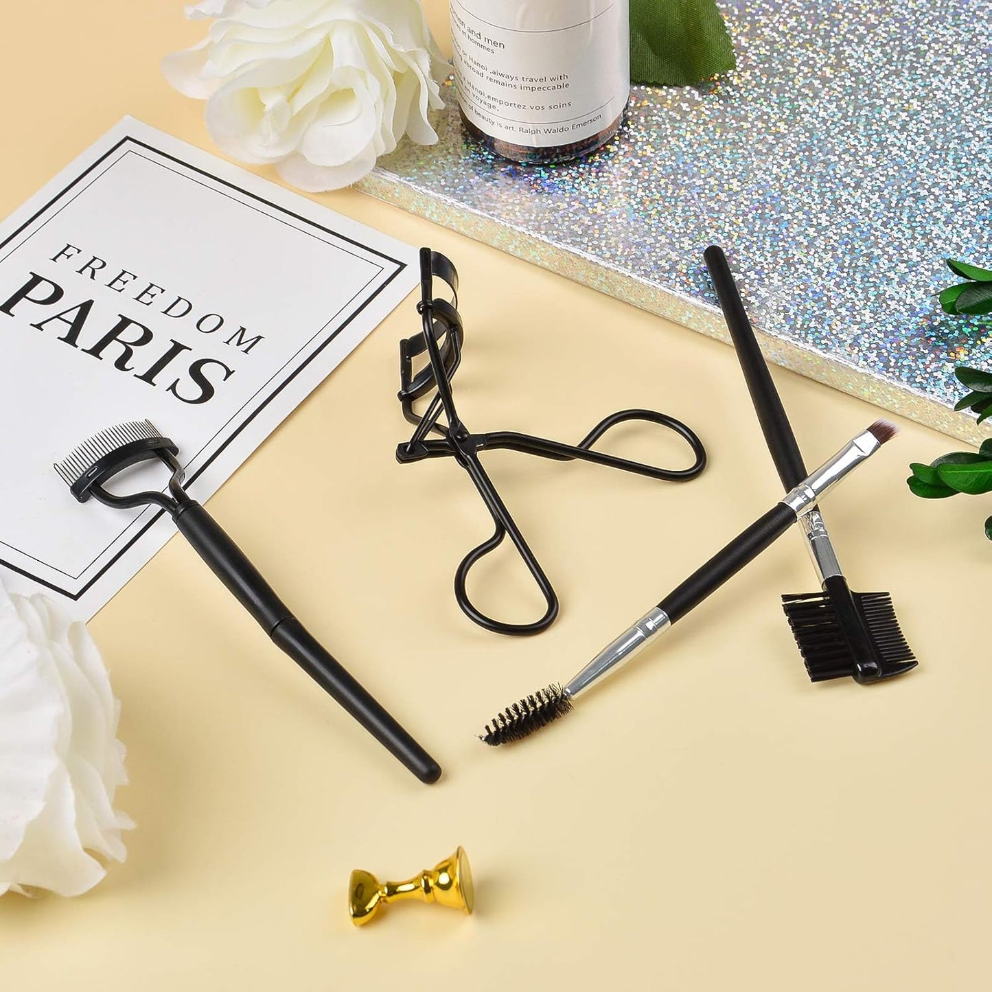 4-Piece Eyelash & Eyebrow Grooming Set – Lash Curler, Dual-Ended Brow Brush, Lash Comb & Separator (Black)