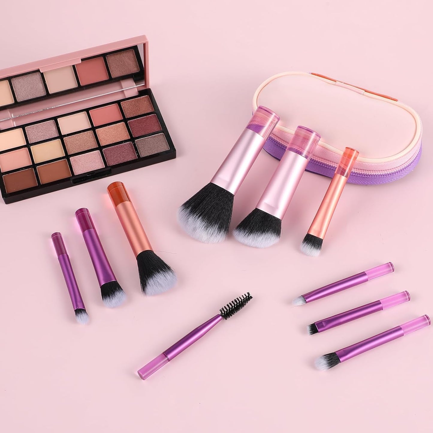 10-Piece Mini Travel Makeup Brush Set β Portable Professional Brushes with Pouch | Foundation, Blush, Powder, Eyeshadow & More | Compact & Colorful Design-3 Colors