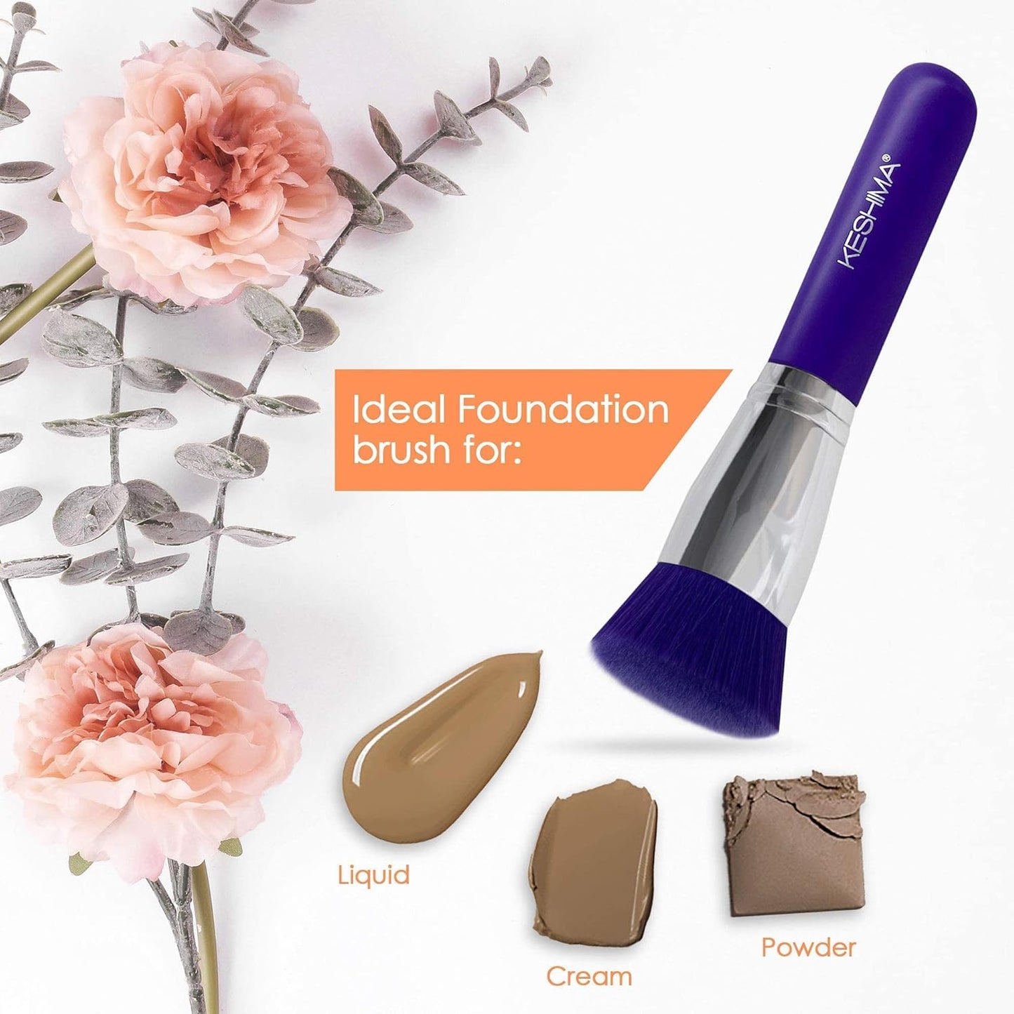 Keshima Large Flat Top Kabuki Foundation Brushes Bundle β Classic Black & Neon Purple, Premium Buffing & Blending Brushes for Liquid, Cream, and Powder Foundations (1.6β Top Diameter)