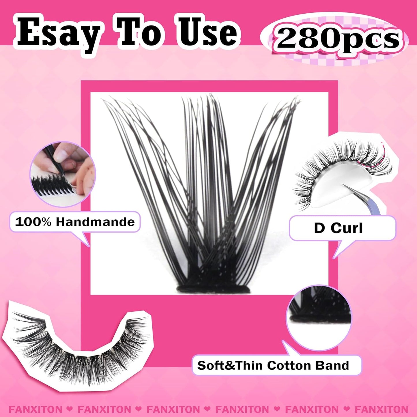 β¨ FANXITON DIY Lash Extension Kit β Volume Clusters D Curl (40D + 50D), 280 Pcs | Bond & Seal, Tweezers, Brush