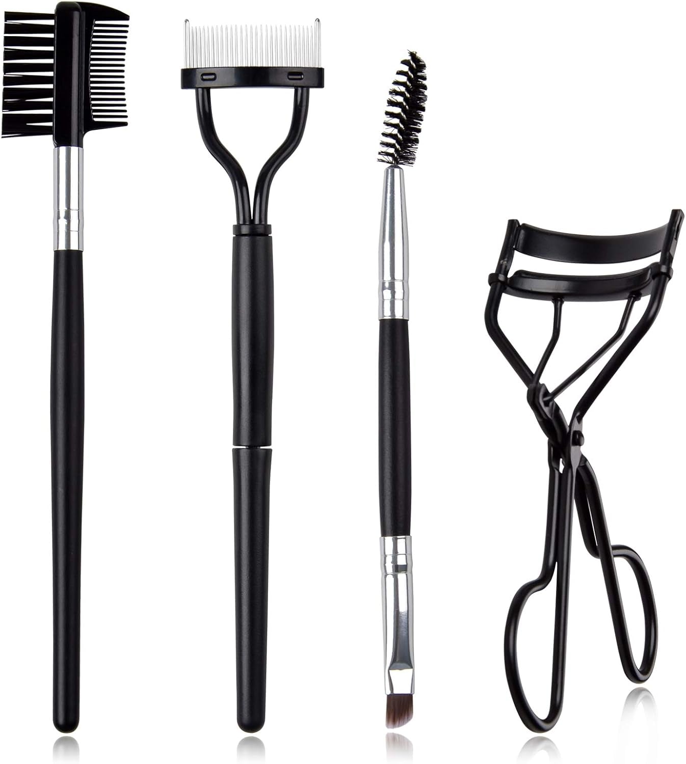 4-Piece Eyelash & Eyebrow Grooming Set – Lash Curler, Dual-Ended Brow Brush, Lash Comb & Separator (Black)