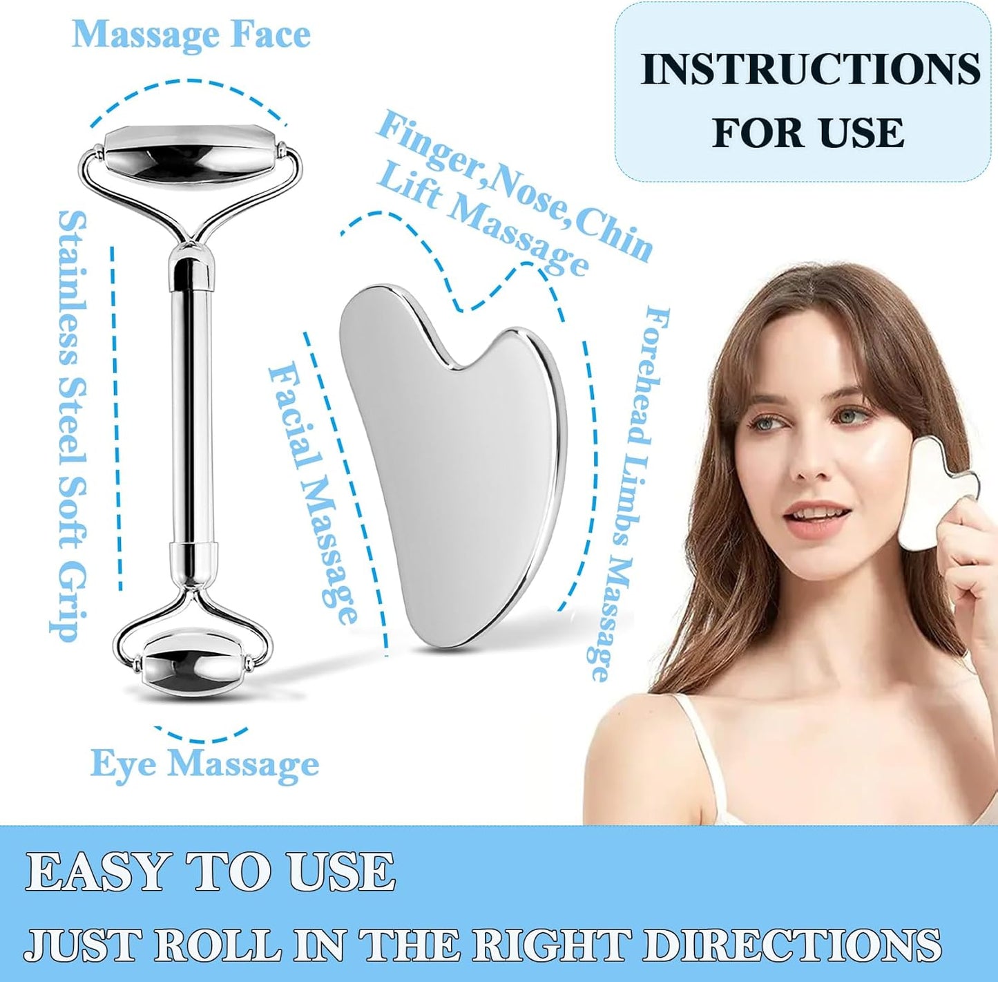 π§ Stainless Steel Facial Roller & Gua Sha Set