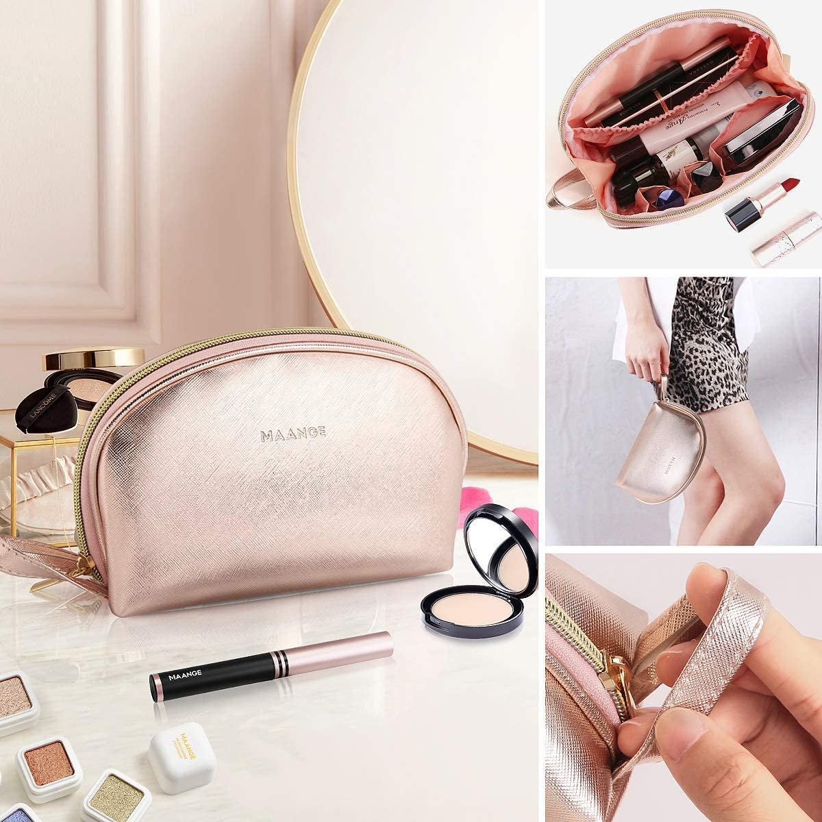 3-Piece Rose Gold Makeup Bag Set β Waterproof Travel Cosmetic Organizer with Gold Zipper (Large, Medium, Small)