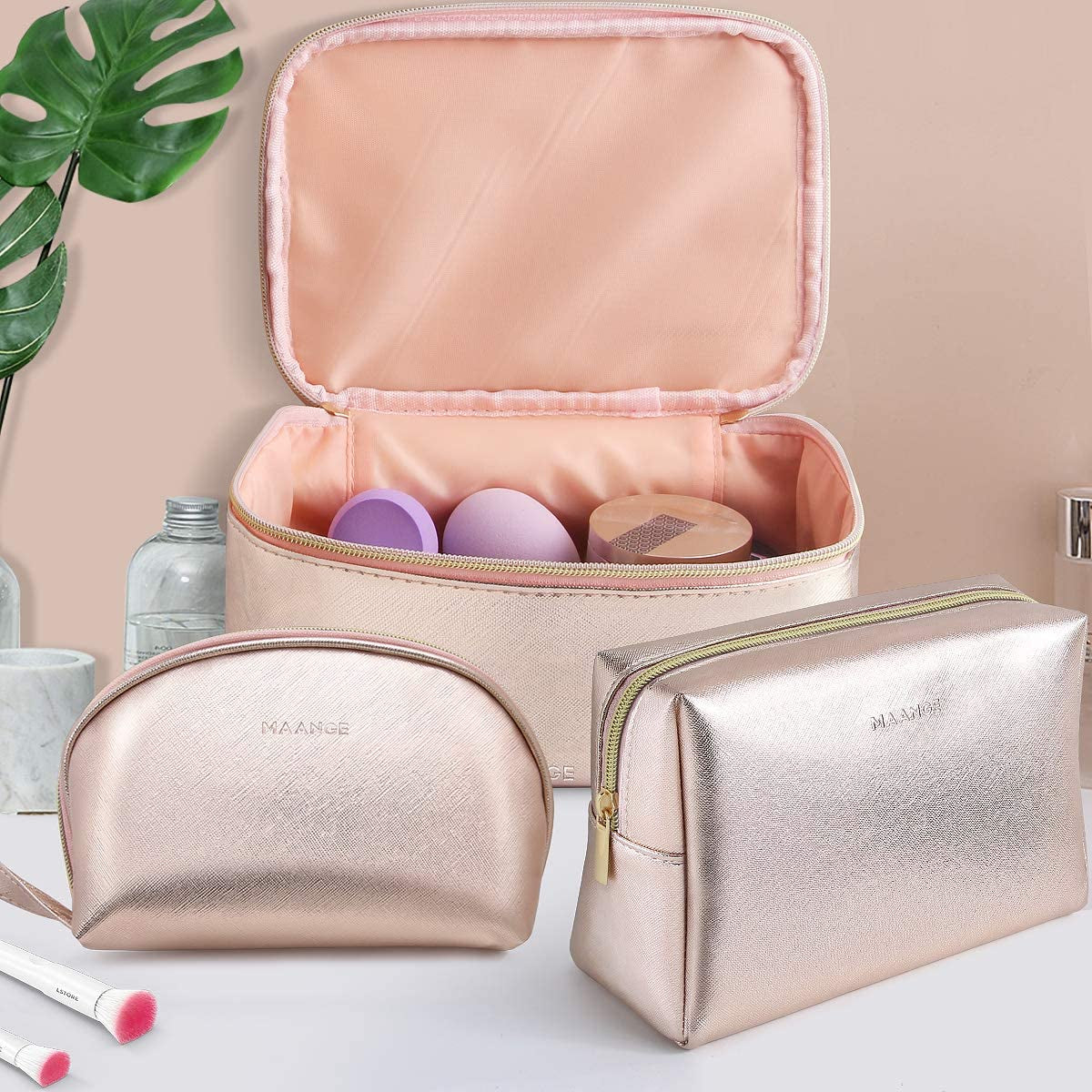 3-Piece Rose Gold Makeup Bag Set β Waterproof Travel Cosmetic Organizer with Gold Zipper (Large, Medium, Small)