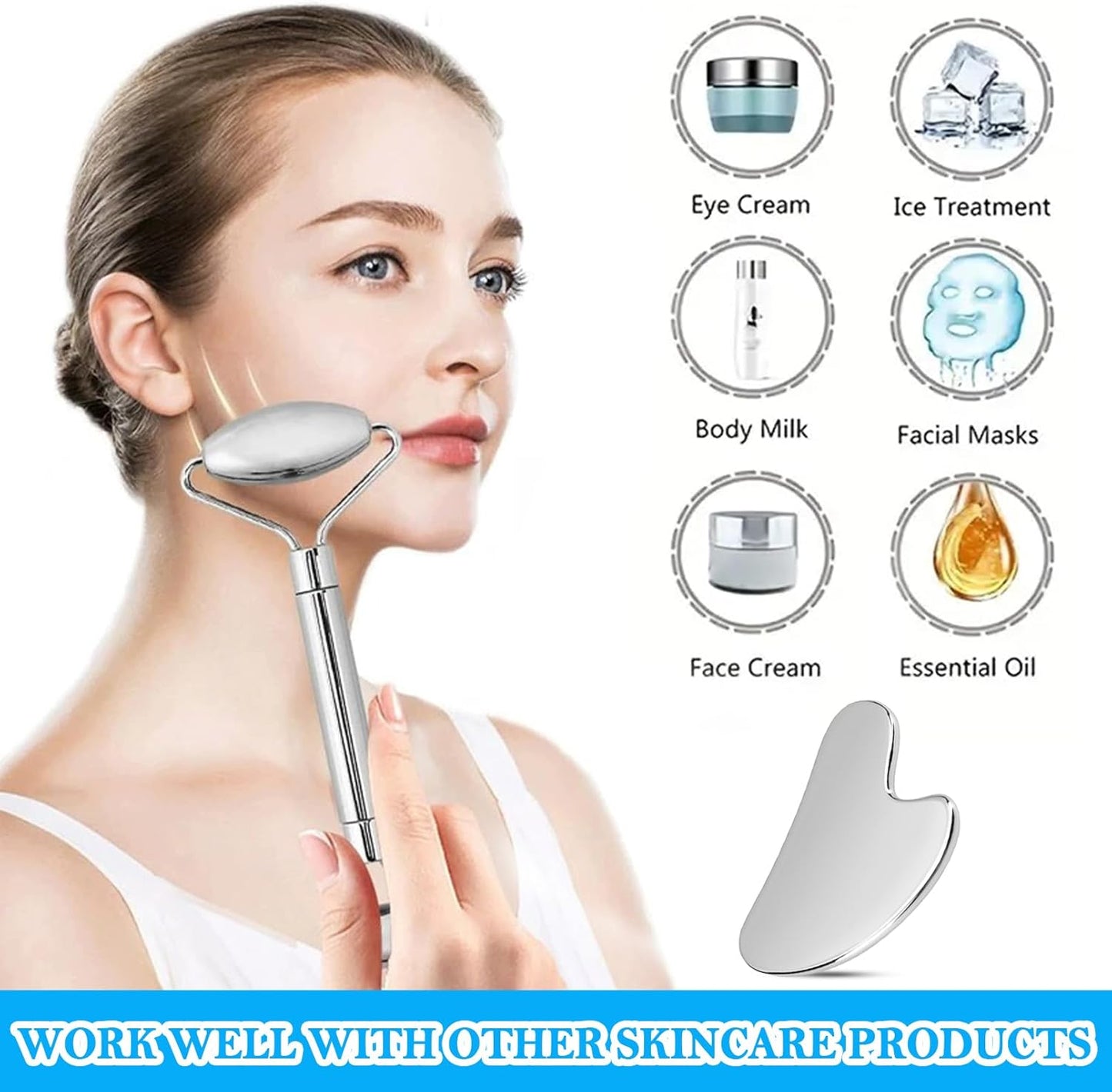 π§ Stainless Steel Facial Roller & Gua Sha Set
