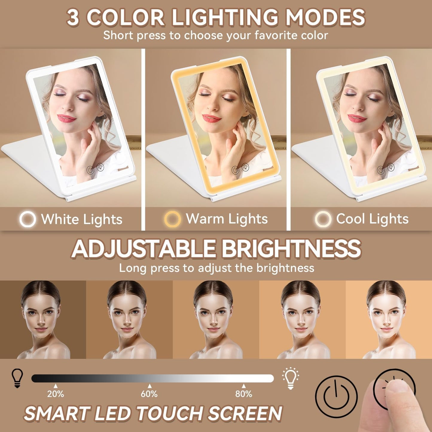 Travel Makeup Mirror with Lights & 3X Magnification – White