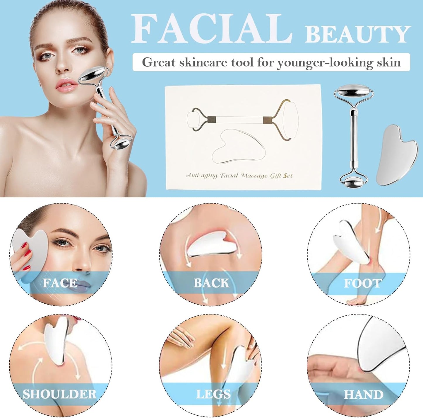 π§ Stainless Steel Facial Roller & Gua Sha Set