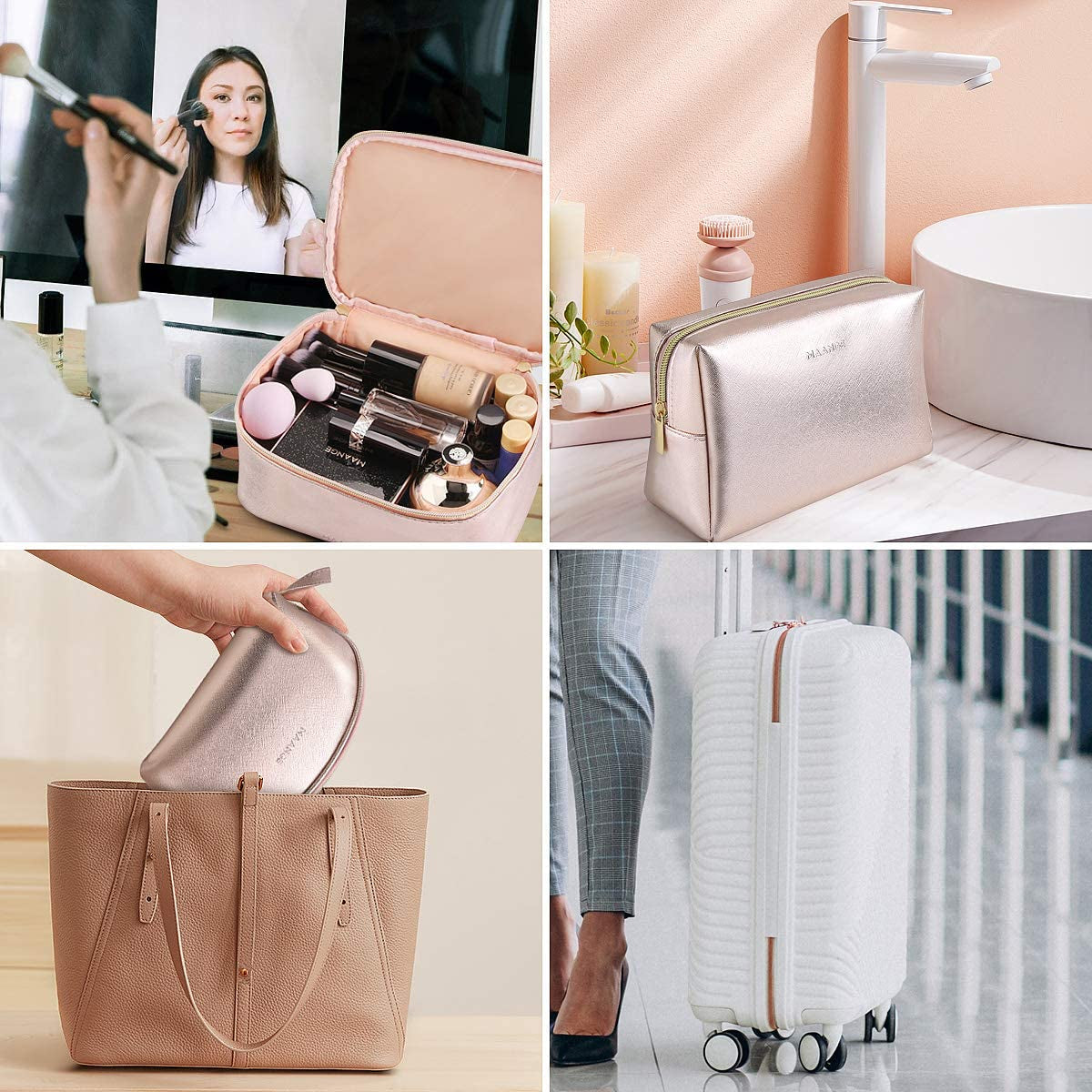 3-Piece Rose Gold Makeup Bag Set β Waterproof Travel Cosmetic Organizer with Gold Zipper (Large, Medium, Small)