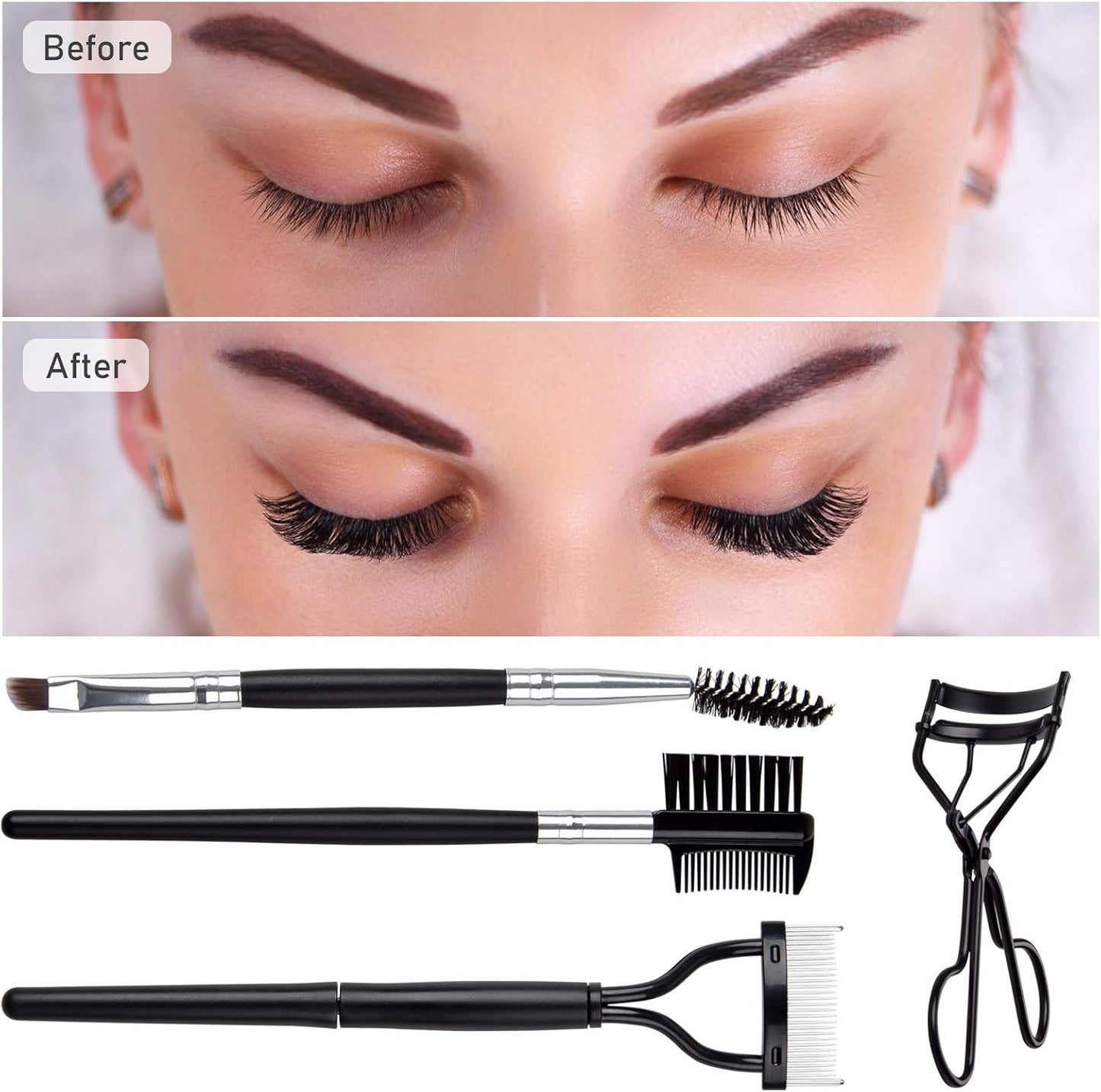 4-Piece Eyelash & Eyebrow Grooming Set – Lash Curler, Dual-Ended Brow Brush, Lash Comb & Separator (Black)