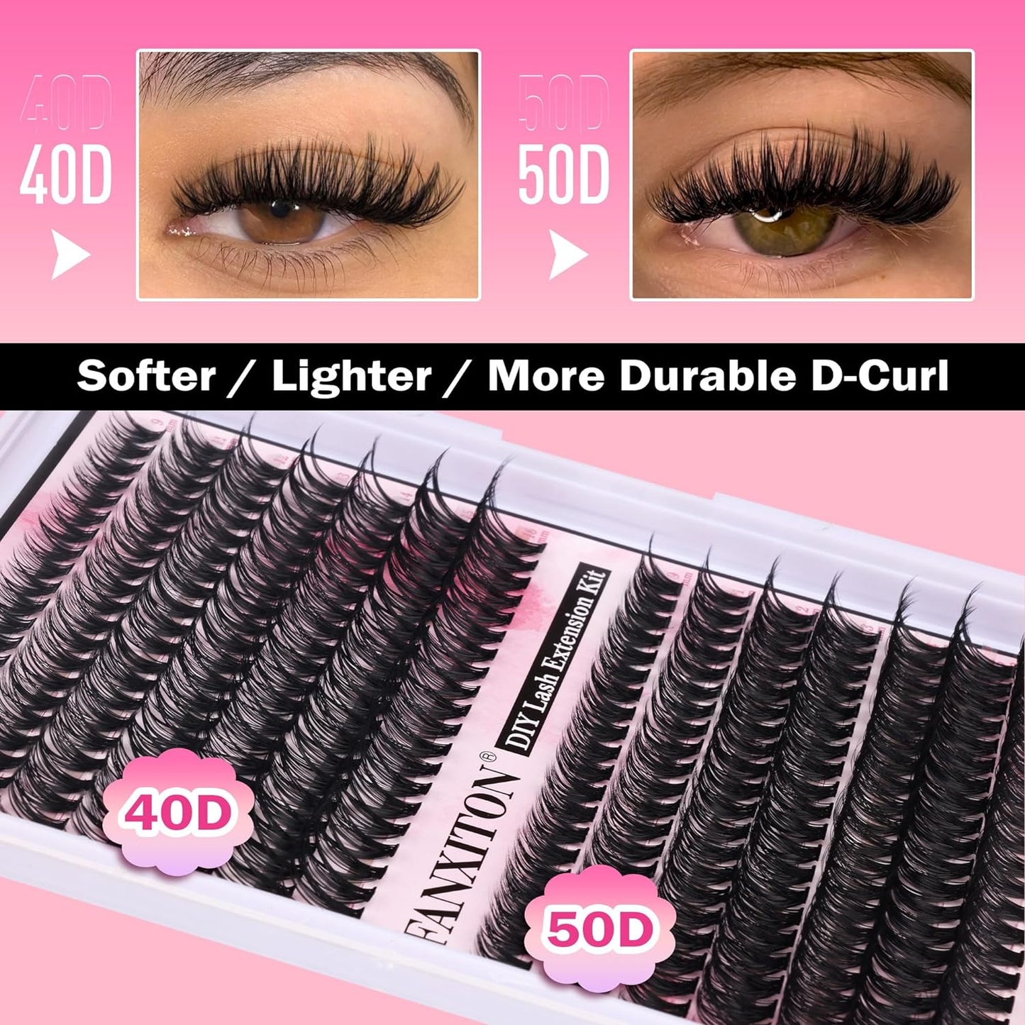 β¨ FANXITON DIY Lash Extension Kit β Volume Clusters D Curl (40D + 50D), 280 Pcs | Bond & Seal, Tweezers, Brush