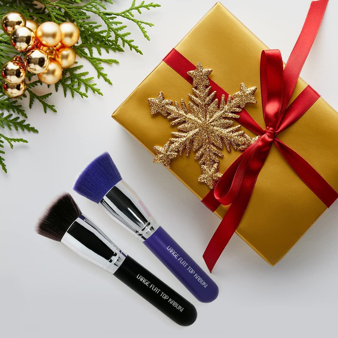 Keshima Large Flat Top Kabuki Foundation Brushes Bundle β Classic Black & Neon Purple, Premium Buffing & Blending Brushes for Liquid, Cream, and Powder Foundations (1.6β Top Diameter)