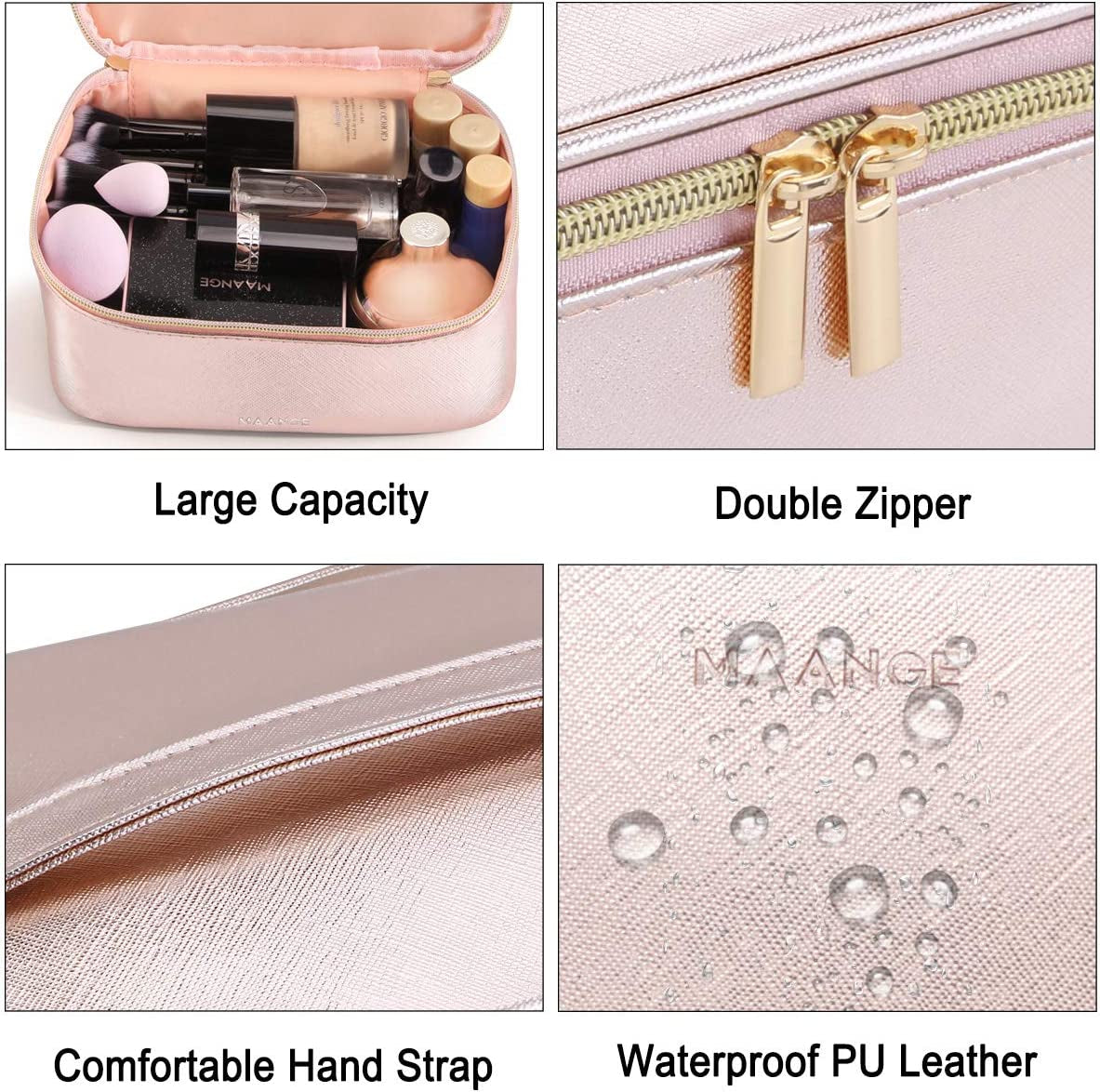 3-Piece Rose Gold Makeup Bag Set β Waterproof Travel Cosmetic Organizer with Gold Zipper (Large, Medium, Small)