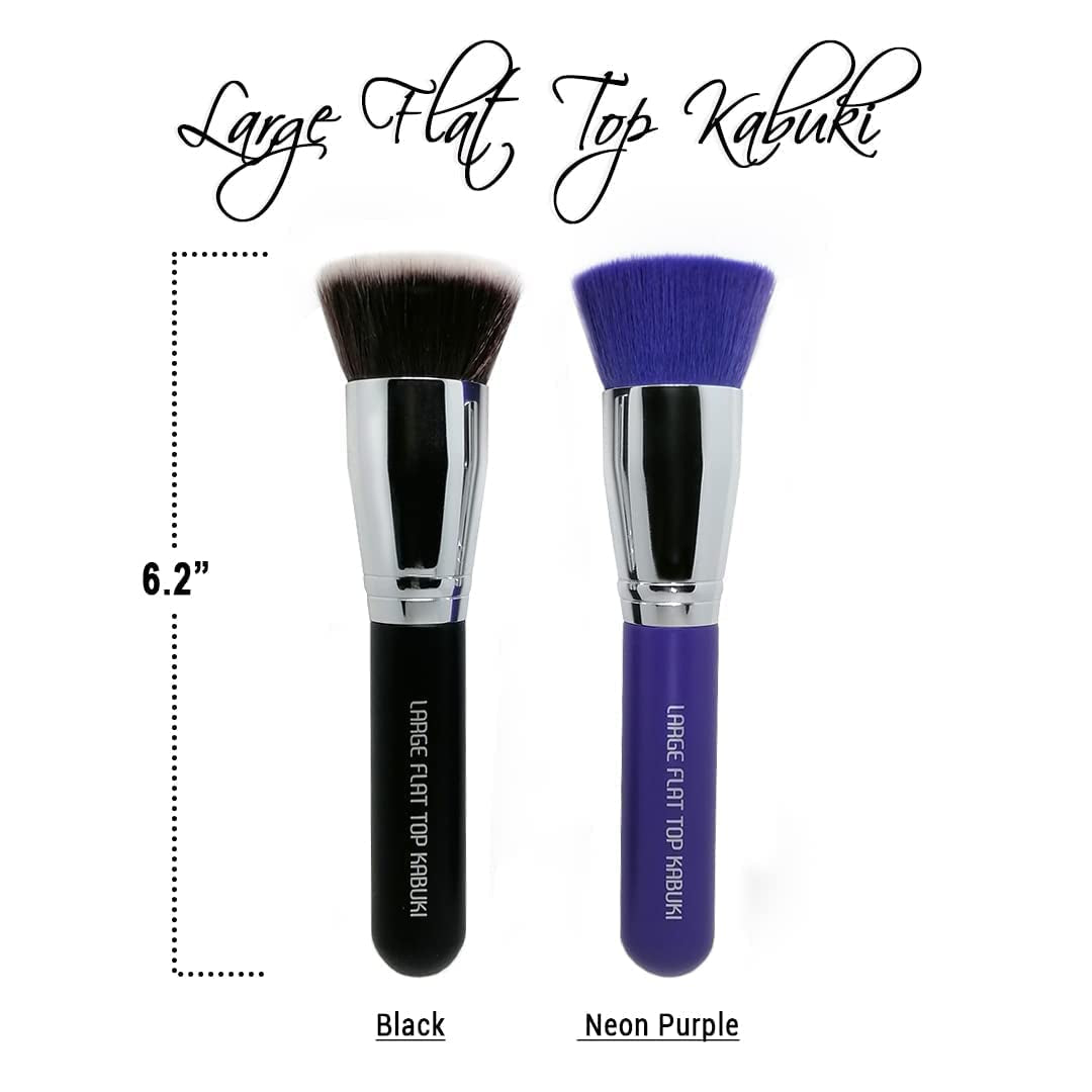 Keshima Large Flat Top Kabuki Foundation Brushes Bundle β Classic Black & Neon Purple, Premium Buffing & Blending Brushes for Liquid, Cream, and Powder Foundations (1.6β Top Diameter)