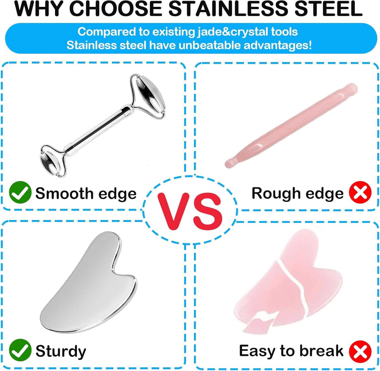 π§ Stainless Steel Facial Roller & Gua Sha Set