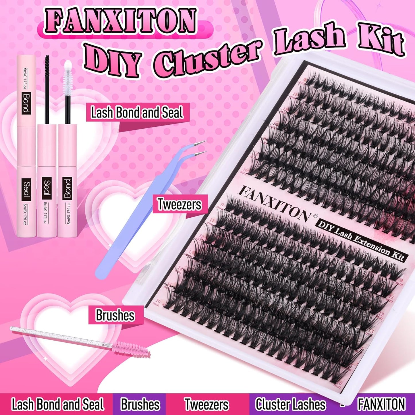 β¨ FANXITON DIY Lash Extension Kit β Volume Clusters D Curl (40D + 50D), 280 Pcs | Bond & Seal, Tweezers, Brush