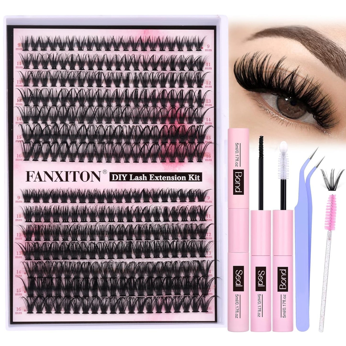 β¨ FANXITON DIY Lash Extension Kit β Volume Clusters D Curl (40D + 50D), 280 Pcs | Bond & Seal, Tweezers, Brush