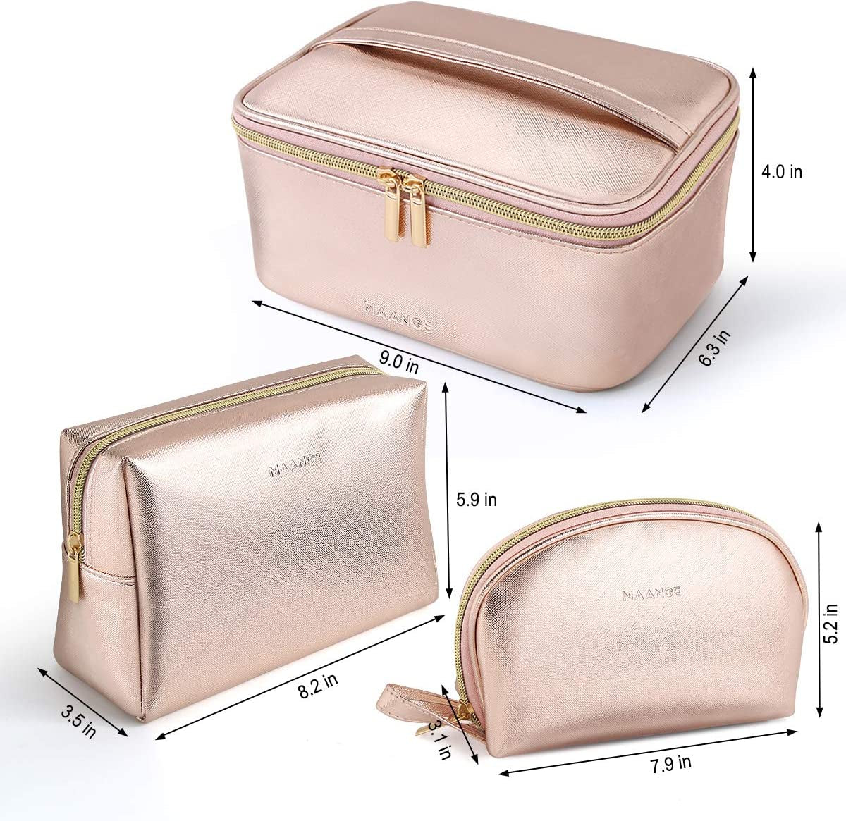 3-Piece Rose Gold Makeup Bag Set β Waterproof Travel Cosmetic Organizer with Gold Zipper (Large, Medium, Small)