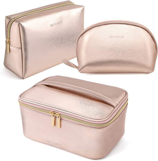 3-Piece Rose Gold Makeup Bag Set – Waterproof Travel Cosmetic Organizer with Gold Zipper (Large, Medium, Small)