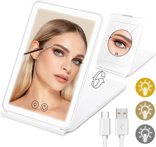 Travel Makeup Mirror with Lights & 3X Magnification – White