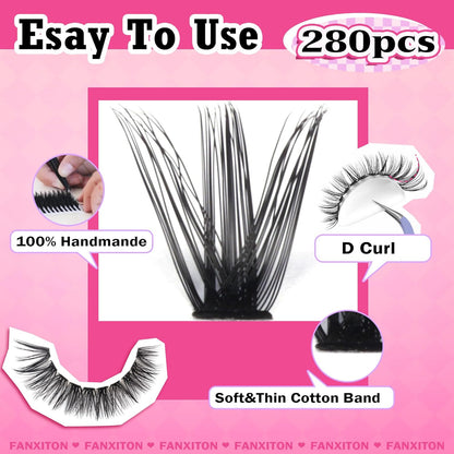 ✨ FANXITON DIY Lash Extension Kit – Volume Clusters D Curl (40D + 50D), 280 Pcs | Bond & Seal, Tweezers, Brush