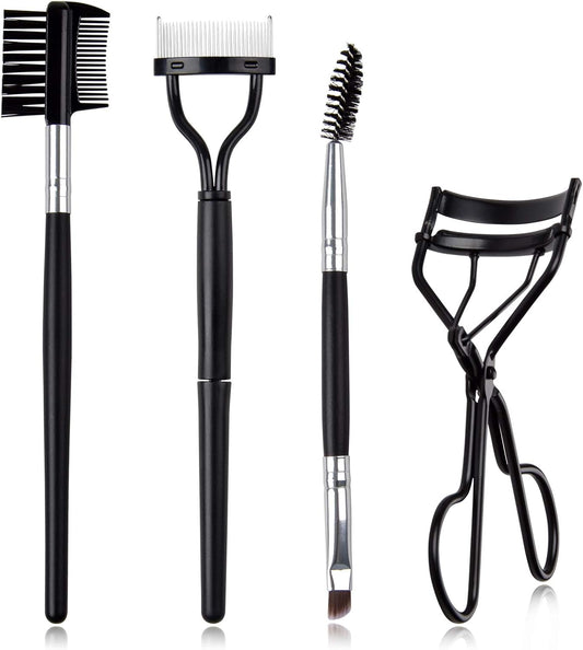 4-Piece Eyelash & Eyebrow Grooming Set – Lash Curler, Dual-Ended Brow Brush, Lash Comb & Separator (Black)