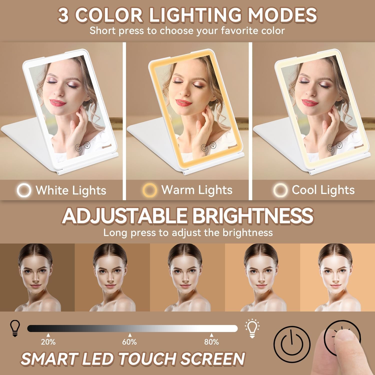 Travel Makeup Mirror with Lights & 3X Magnification – White