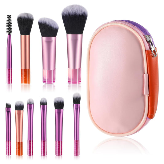 10-Piece Mini Travel Makeup Brush Set – Portable Professional Brushes with Pouch | Foundation, Blush, Powder, Eyeshadow & More | Compact & Colorful Design-3 Colors