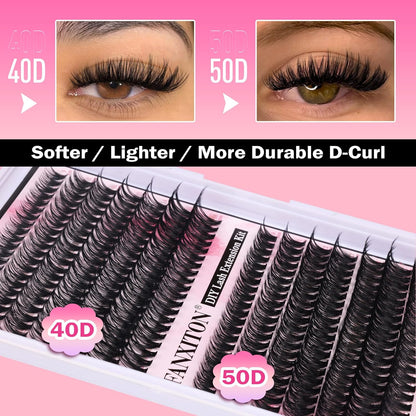 ✨ FANXITON DIY Lash Extension Kit – Volume Clusters D Curl (40D + 50D), 280 Pcs | Bond & Seal, Tweezers, Brush