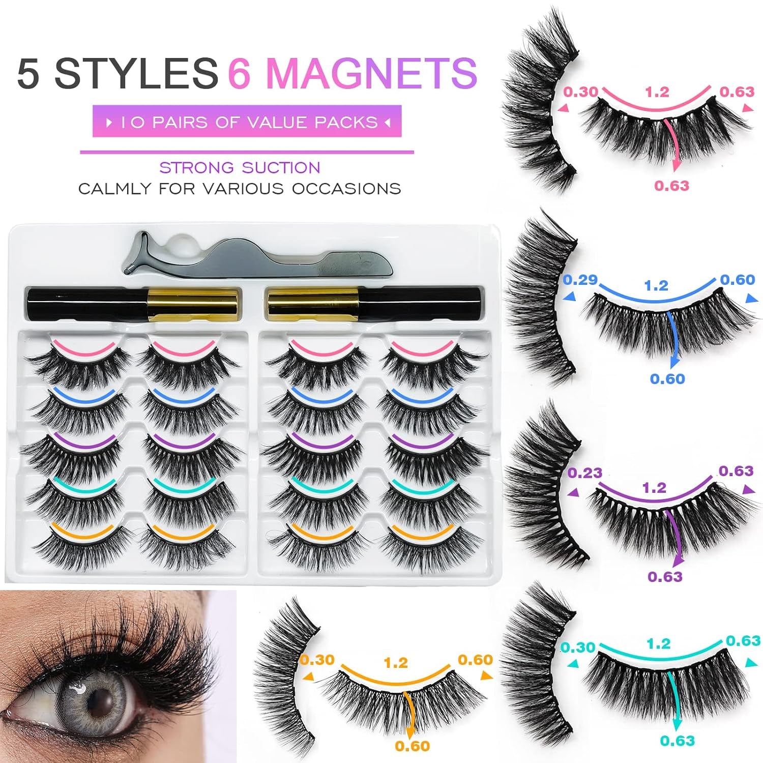  👁️ 10 Pairs Cat-Eye Magnetic Lashes with Eyeliner – Natural Look | 5 Styles