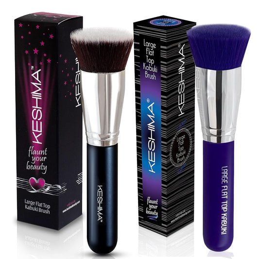 Keshima Large Flat Top Kabuki Foundation Brushes Bundle – Classic Black & Neon Purple, Premium Buffing & Blending Brushes for Liquid, Cream, and Powder Foundations (1.6” Top Diameter)