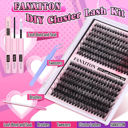 ✨ FANXITON DIY Lash Extension Kit – Volume Clusters D Curl (40D + 50D), 280 Pcs | Bond & Seal, Tweezers, Brush