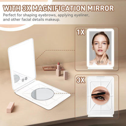 Travel Makeup Mirror with Lights & 3X Magnification – White