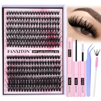 ✨ FANXITON DIY Lash Extension Kit – Volume Clusters D Curl (40D + 50D), 280 Pcs | Bond & Seal, Tweezers, Brush